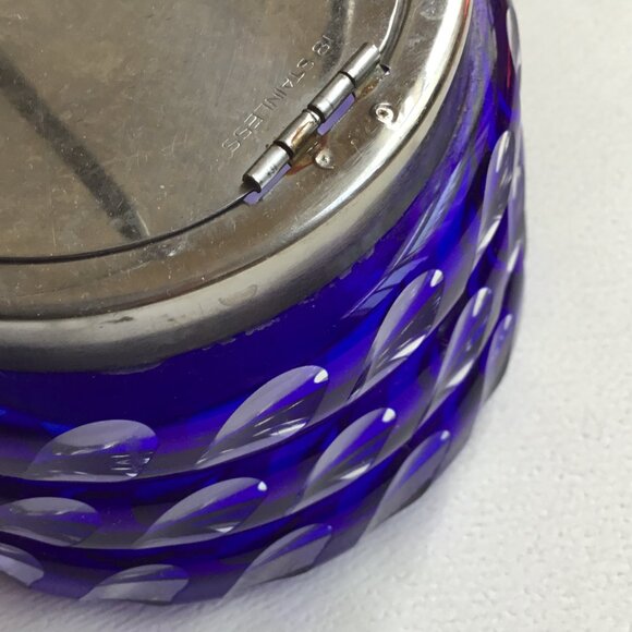 Cobalt Blue Cut to Clear Glass Flashed Geometric Pattern Hinged Marmalade Jar - Picture 10 of 12